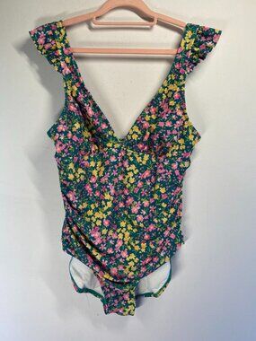 Kona Sol Womens Floral One-Piece Swimsuit With Ruffle Straps Size L (12-14) Mult
